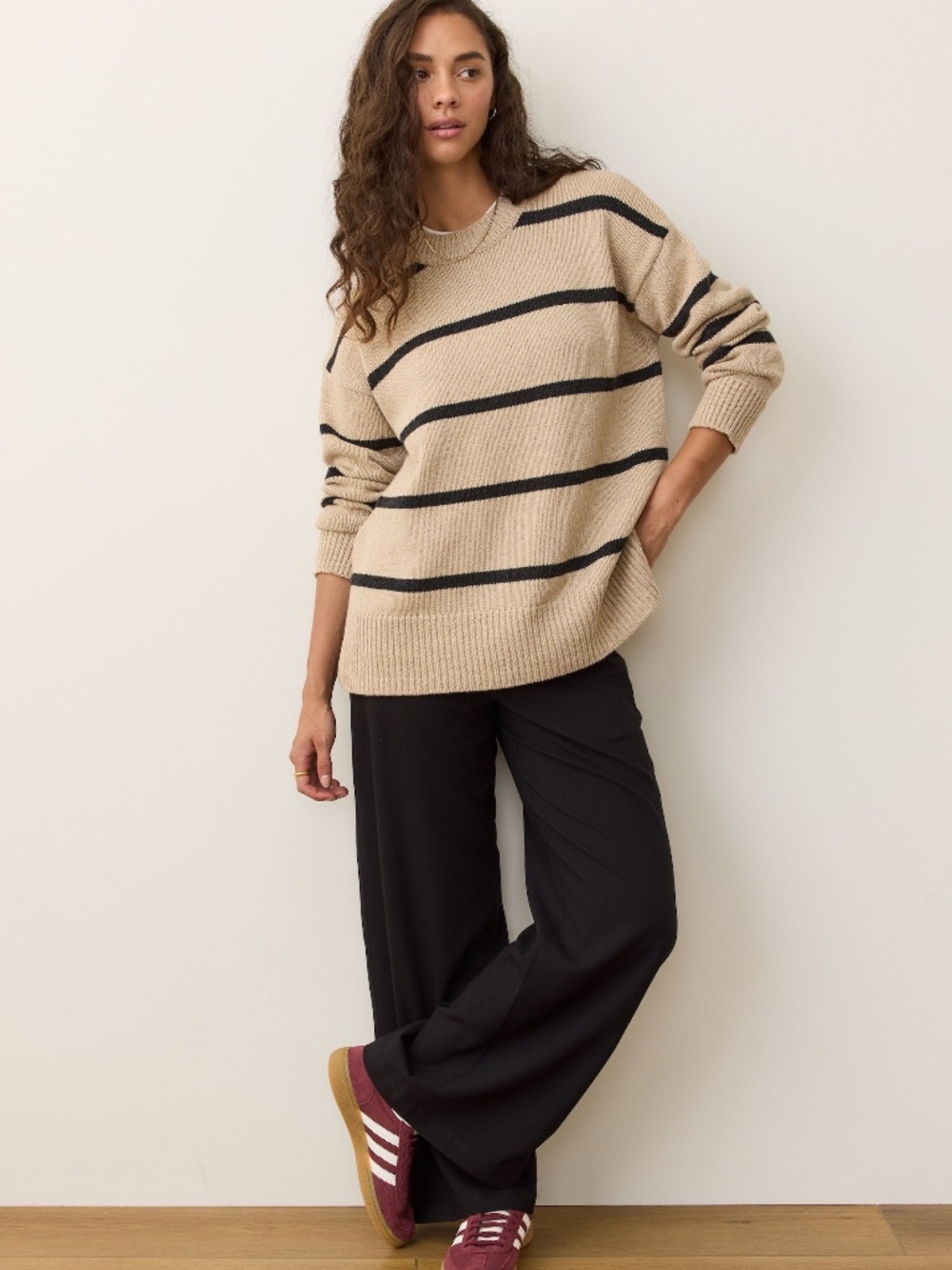 Marine Layer Berkeley Oversized Crewneck Sweater Oatmeal Charcoal Stripe XS